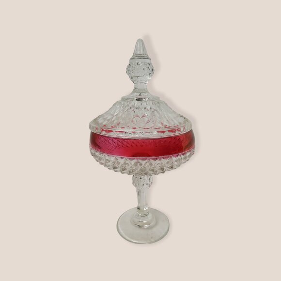 Vintage Diamond Point Ruby Flash Banded Compote Indiana Glass From 1965-1980. - Picture 5 of 10